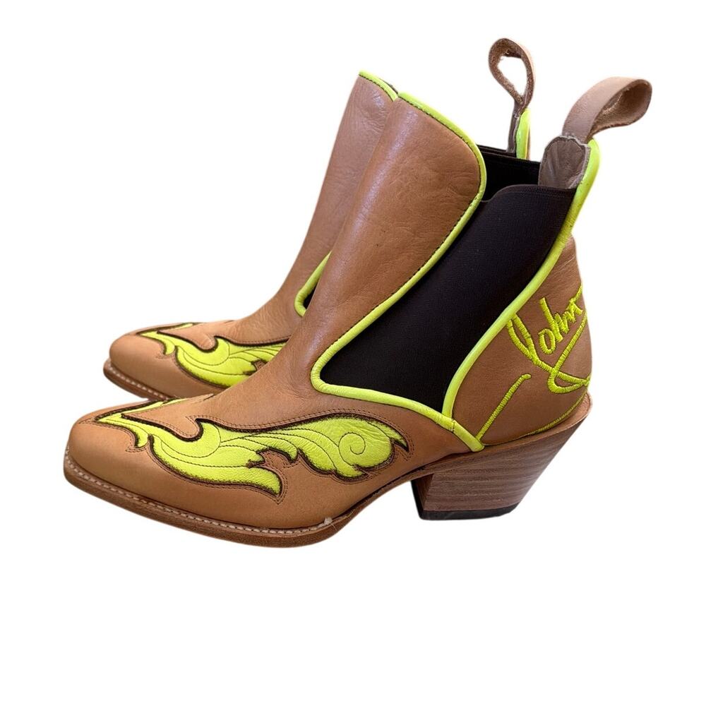 John Fluevog Autry Estrelita Western Chelsea Boots Tan Neon Yellow Leather Sz 8